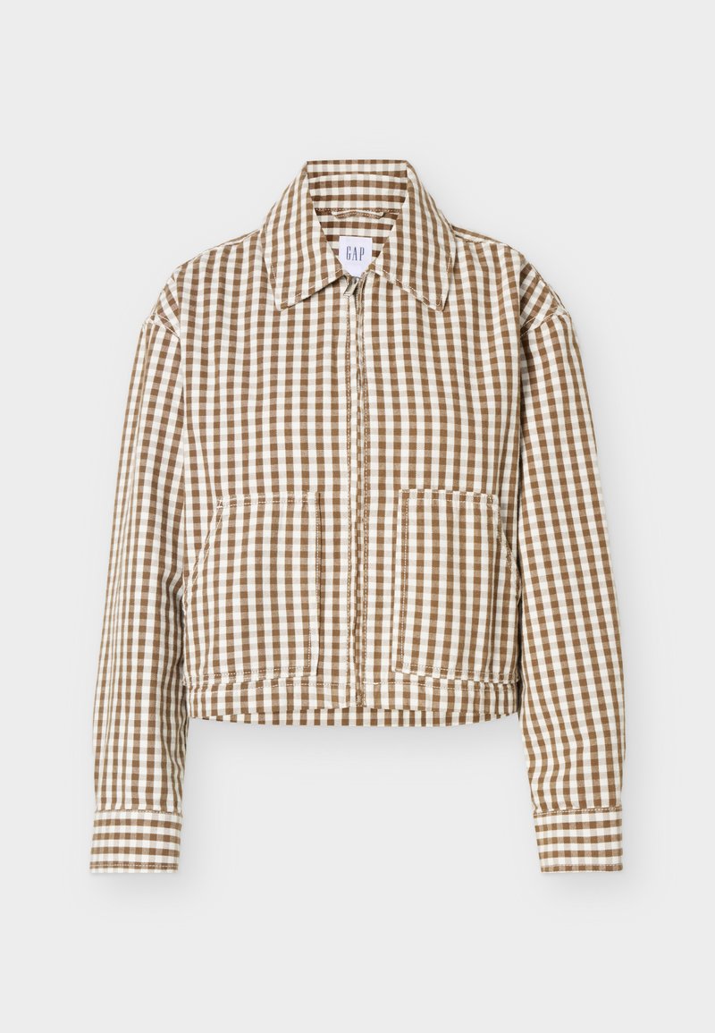 Braun-weiß karierte Langarmjacke mit Kragen, Reißverschluss vorne, zwei Fronttaschen und geraden Bündchen.