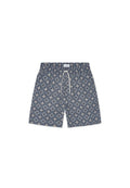 Kurze Badeshorts in Marineblau mit einem hellen, floralen, geometrischen Muster. Kordelzugbund und weicher Stoff mit lockerem Sitz. Mitte Oberschenkel Länge.