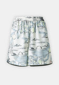 Shorts aus leichtem Stoff mit einem elastischen Bund. Mit einem pastellfarbenen floralen und Landschaftsprint sowie schwarzen Akzenten.
