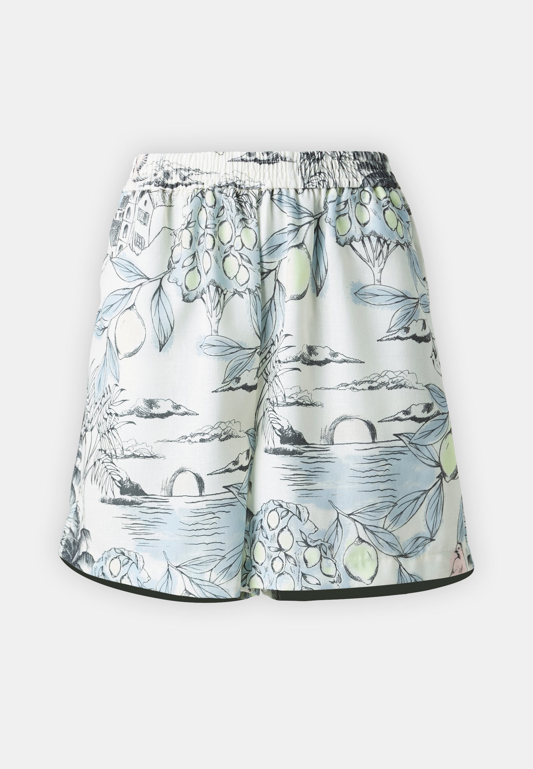 Shorts aus leichtem Stoff mit einem elastischen Bund. Mit einem pastellfarbenen floralen und Landschaftsprint sowie schwarzen Akzenten.