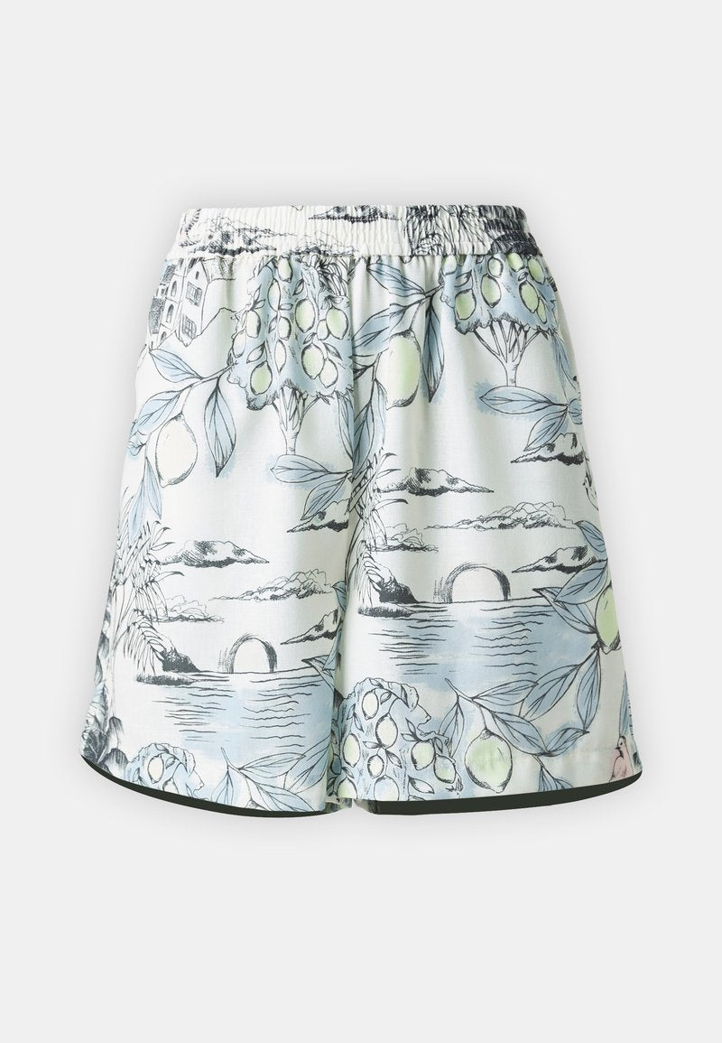 Shorts aus leichtem Stoff mit einem elastischen Bund. Mit einem pastellfarbenen floralen und Landschaftsprint sowie schwarzen Akzenten.