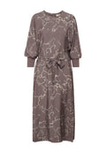 Langes, braunes Kleid mit einem strukturierten, abstrakten weißen Muster. Verfügt über Puffärmel und einen Knoten-Gürtel in der Taille für eine verstellbare Passform.