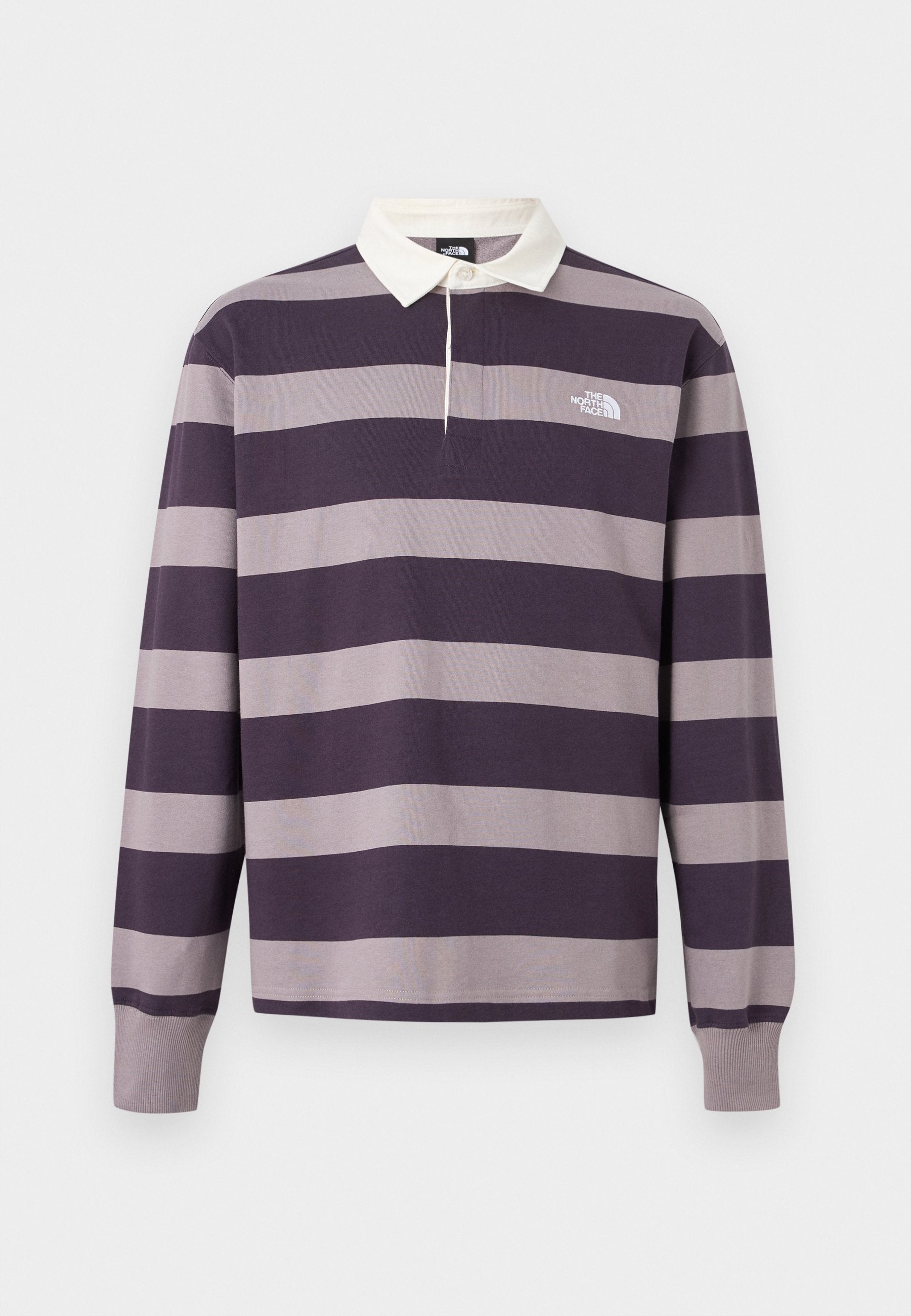 Langärmeliges Rugby-Shirt mit breiten, horizontalen dunkelvioletten und grauen Streifen, weißem Kragen und The North Face Logo auf der Brust.