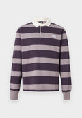 Langärmeliges Rugby-Shirt mit breiten, horizontalen dunkelvioletten und grauen Streifen, weißem Kragen und The North Face Logo auf der Brust.
