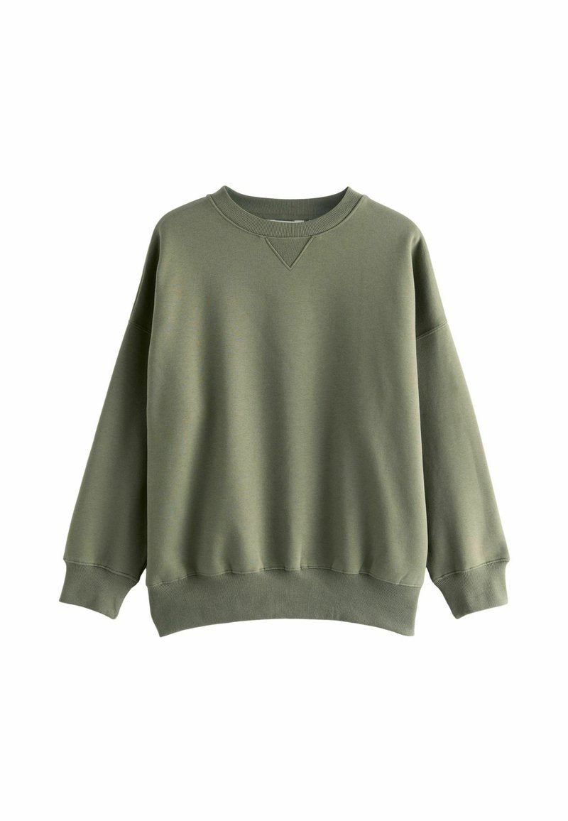 Olivgrüner Sweatshirt aus weichem Baumwollmix, mit Rundhalsausschnitt, gerippten Bündchen und einer lockeren Passform mit einem gerafften Saum.