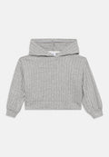Grauer, gerippter Hoodie mit Kordelzugkapuze, langen voluminösen Ärmeln und einem kurzen Schnitt. Weiche Textur mit dezentem Muster.