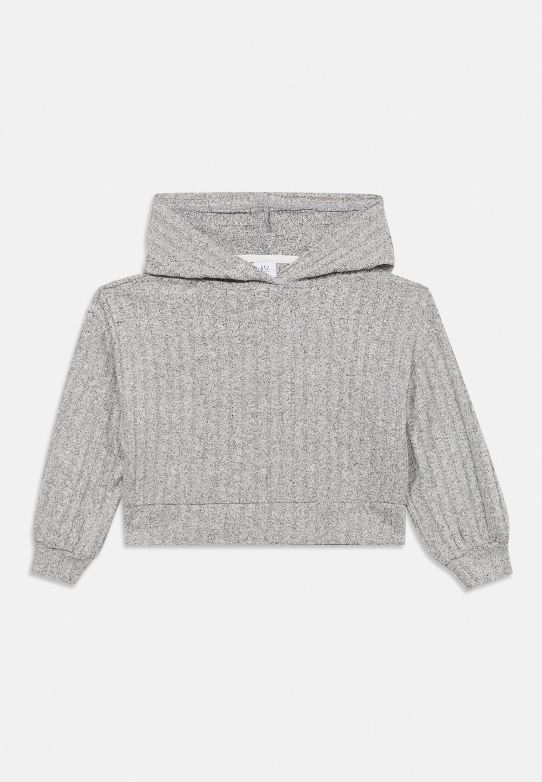 Grauer, gerippter Hoodie mit Kordelzugkapuze, langen voluminösen Ärmeln und einem kurzen Schnitt. Weiche Textur mit dezentem Muster.
