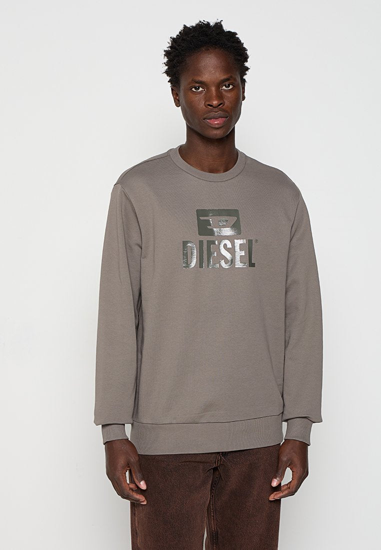 Grauer Kapuzenpullover aus Baumwolle. Ausgestattet mit einem gerippten Rundhalsausschnitt und Bündchen, mit einem glänzenden schwarzen "DIESEL"-Logo auf der Vorderseite.