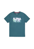 Türkises Baumwoll-T-Shirt mit auffälligem "ALPHA INDUSTRIES"-Grafikdesign in welligen Weiß- und Pastellfarben. Rundhalsausschnitt und kurze Ärmel.