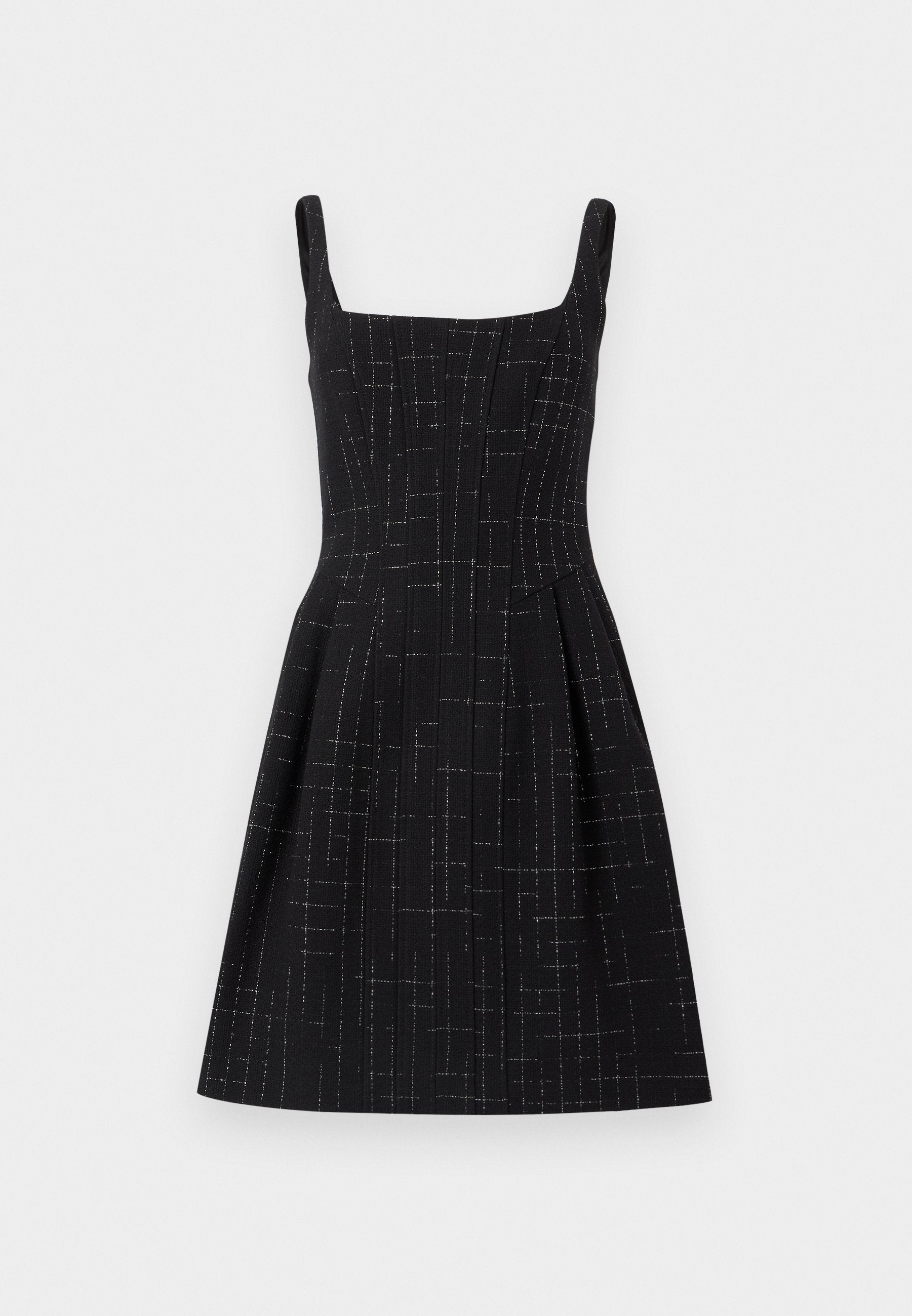 Schwarzes ärmelloses A-Linien-Kleid mit quadratischem Ausschnitt und dezentem silbernem Karomuster, tailliertem Oberteil und plissiertem Rockdetail.