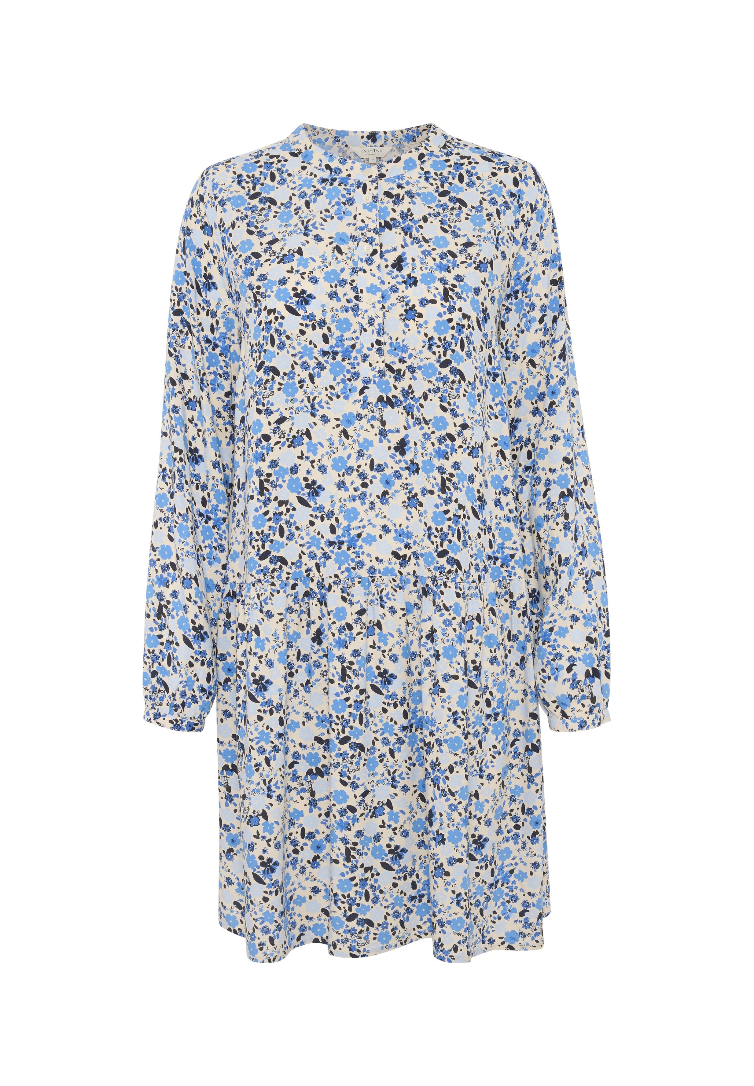 Blumenkleid in Hellblau mit dunkelblauen und schwarzen Akzenten. Mit langen Ärmeln, rundem Halsausschnitt und lockerem, fließendem Design.