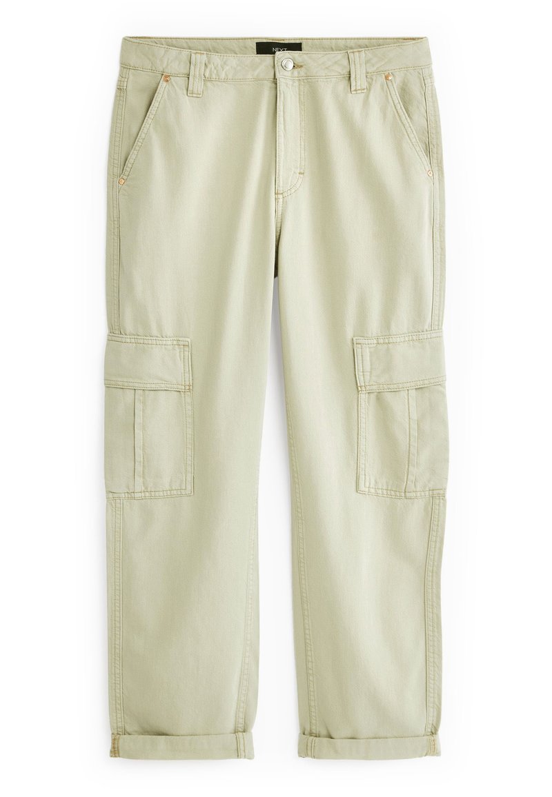 Helle beige Cargo-Hosen mit Knopf- und Reißverschluss, seitlichen Klappentaschen, schrägen Fronttaschen und hochgekrempelten Säumen.