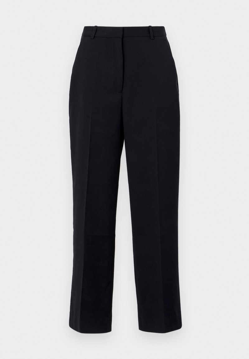 Schwarze Hosen mit geradem Schnitt, aus glattem Stoff, mit Bügelfalte, Gürtelschlaufen und seitlichen Taschen. Eignen sich für formelle Anlässe.