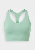 Hellgrüner Nike Pro Sport-BH mit Racerback-Design und breitem elastischem Band für Halt.