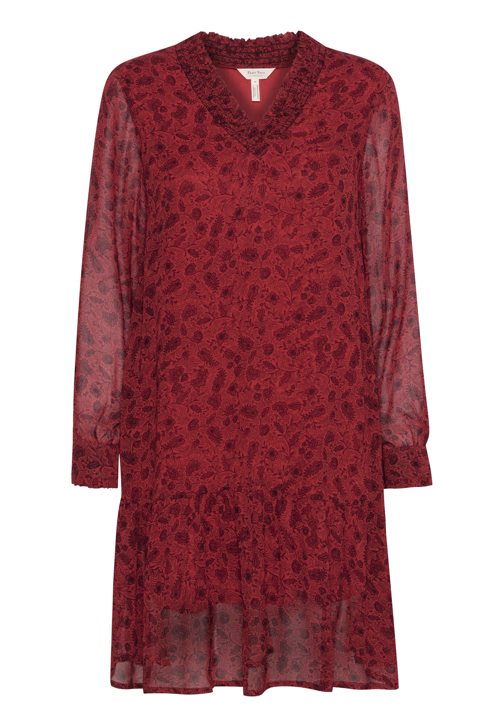 Rotes, blütenmusterndes Kleid mit V-Ausschnitt, langen Ärmeln und gerafften Manschetten. Durchsichtiger Stoff mit einem mehrlagigen Saum und einem Rüschendetail am Ausschnitt.