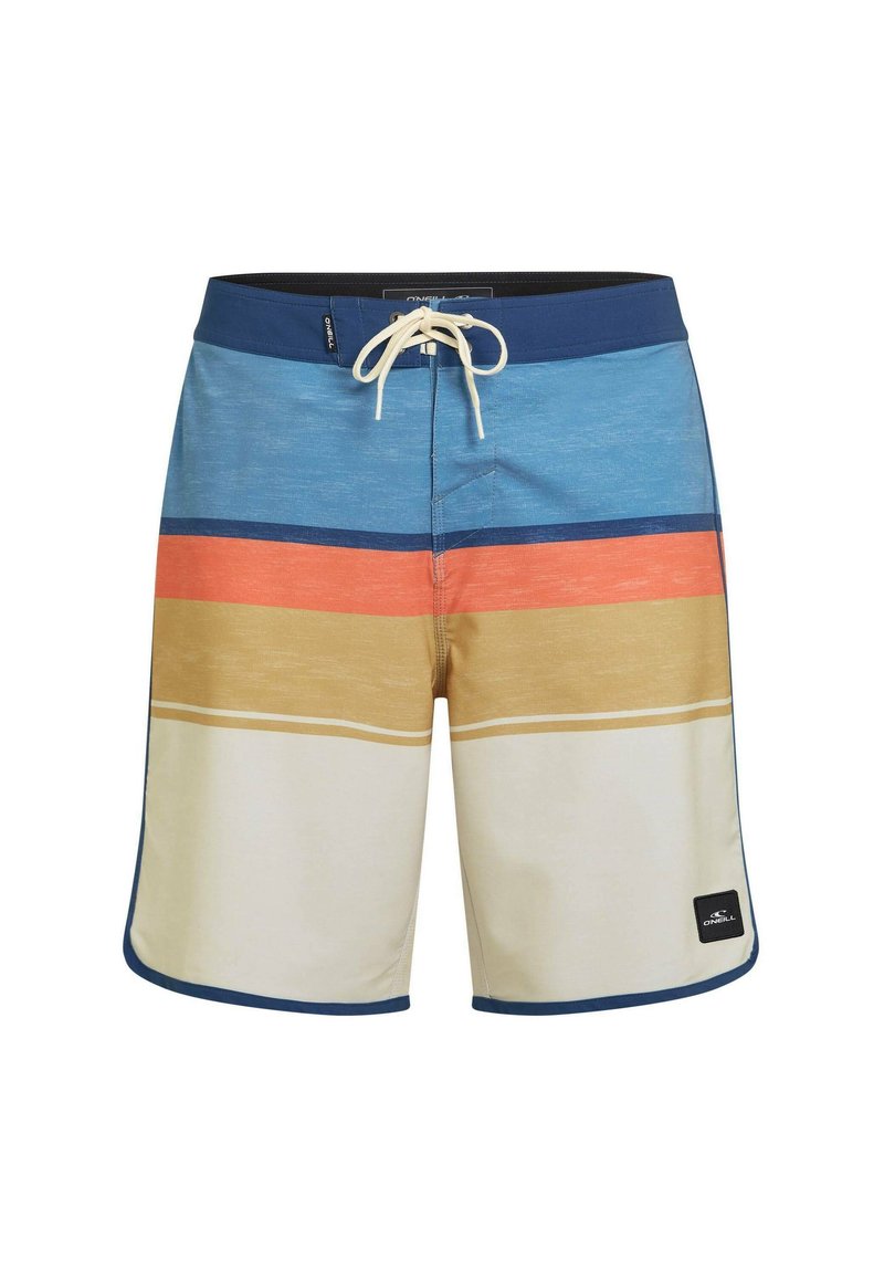 Herren-Badeshorts in Blau, Orange und Beige mit Streifen. Hergestellt aus leichtem Stoff, mit Kordelzugverschluss und seitlichen Nahttaschen.