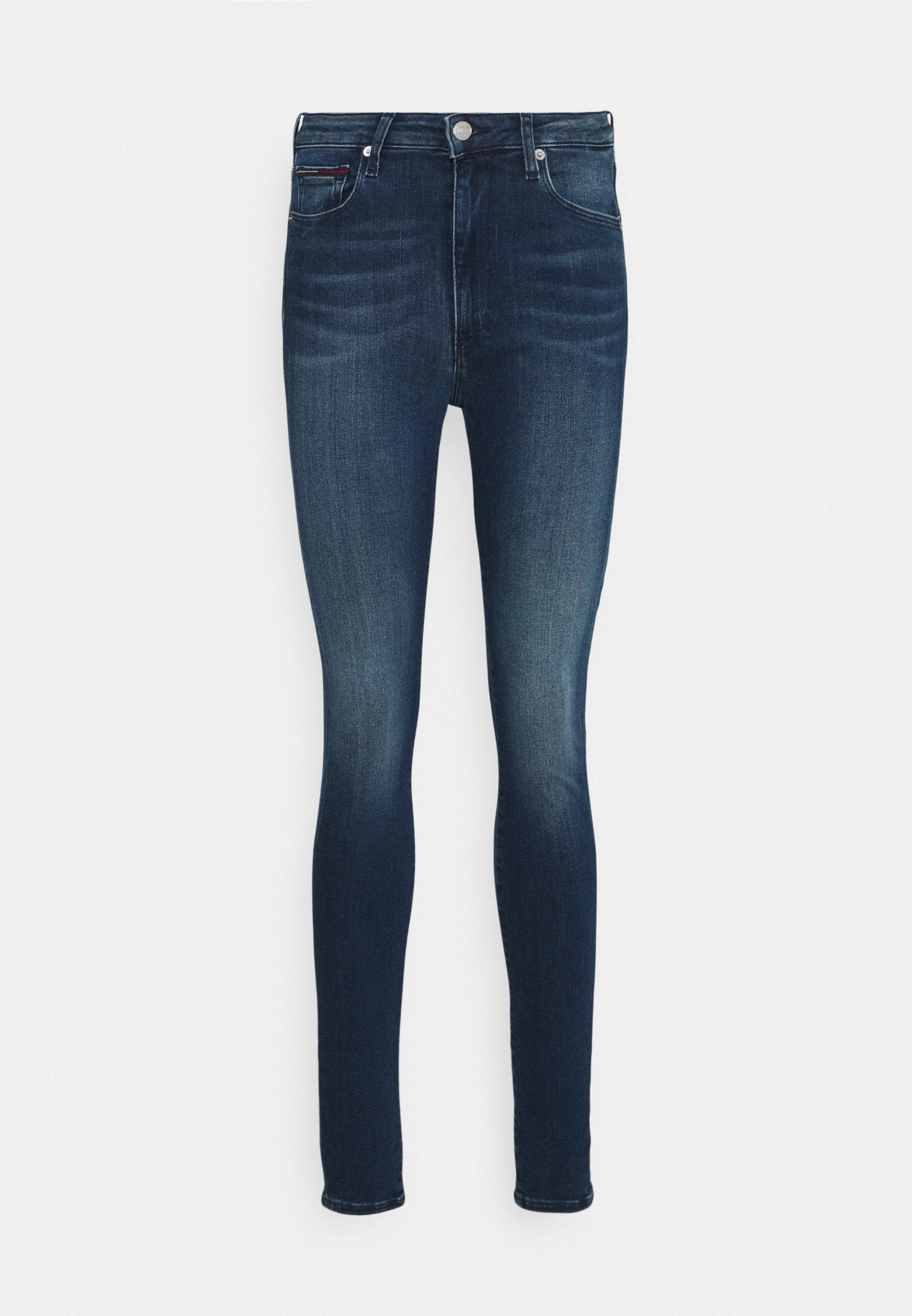 Schmale Jeans aus dunkelblauem Denim mit leichter Ausbleichung, Fünf-Taschen-Design und einer vorderen Knopfverschluss. Glatte Textur, figurbetonte Silhouette.