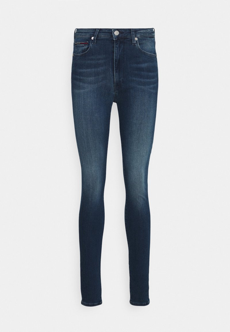 Schmale Jeans aus dunkelblauem Denim mit leichter Ausbleichung, Fünf-Taschen-Design und einer vorderen Knopfverschluss. Glatte Textur, figurbetonte Silhouette.