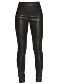 Schwarze Lederleggings mit hoher Taille, schlankem Schnitt, glatter Textur und ohne sichtbare Nähte oder Hardwaredetails.