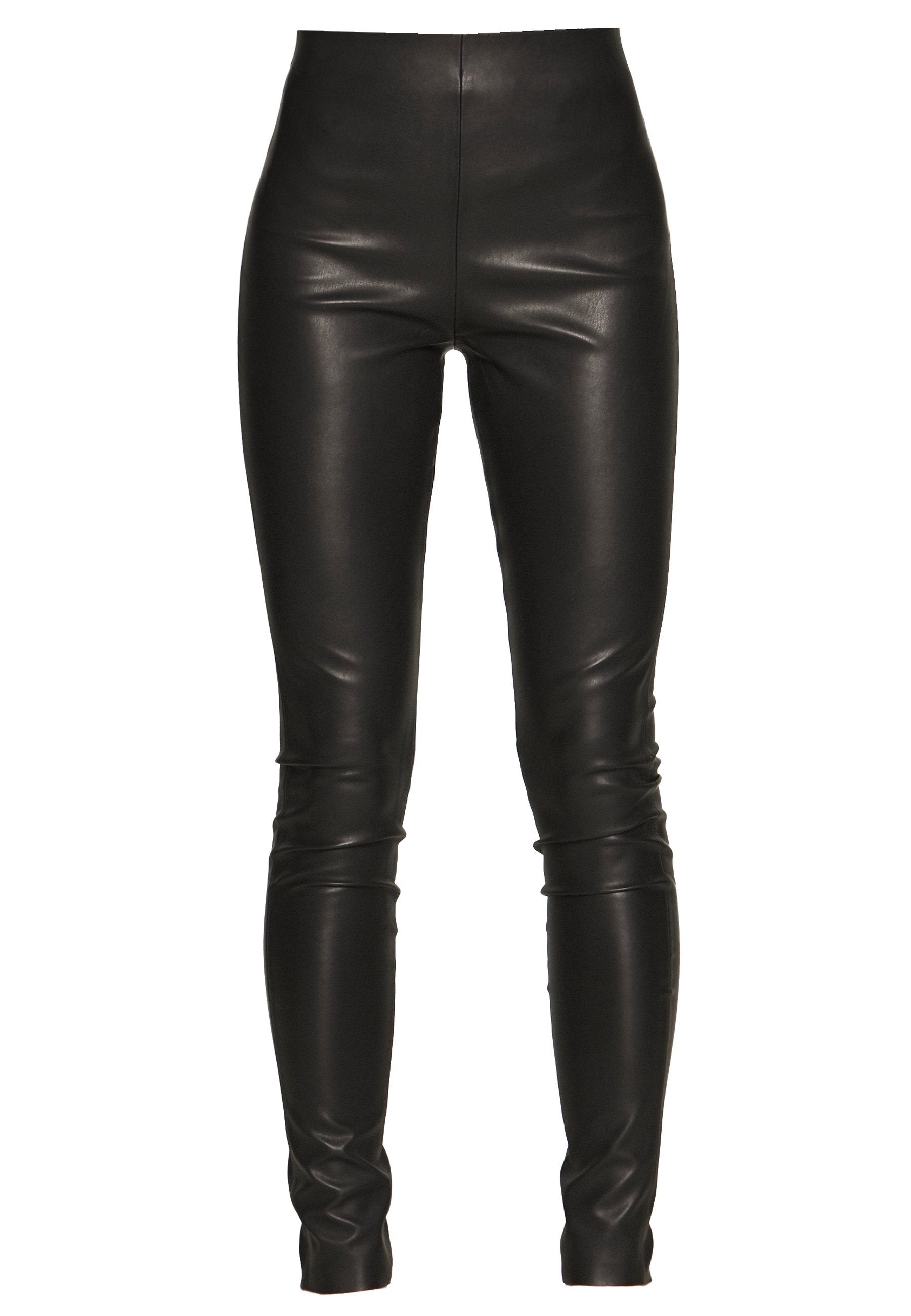 Schwarze Lederleggings mit hoher Taille, schlankem Schnitt, glatter Textur und ohne sichtbare Nähte oder Hardwaredetails.