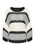 Chunky Strickpullover mit schwarz-weißen und grauen horizontalen Streifen, runder Ausschnitt und langen, lockeren Ärmeln.