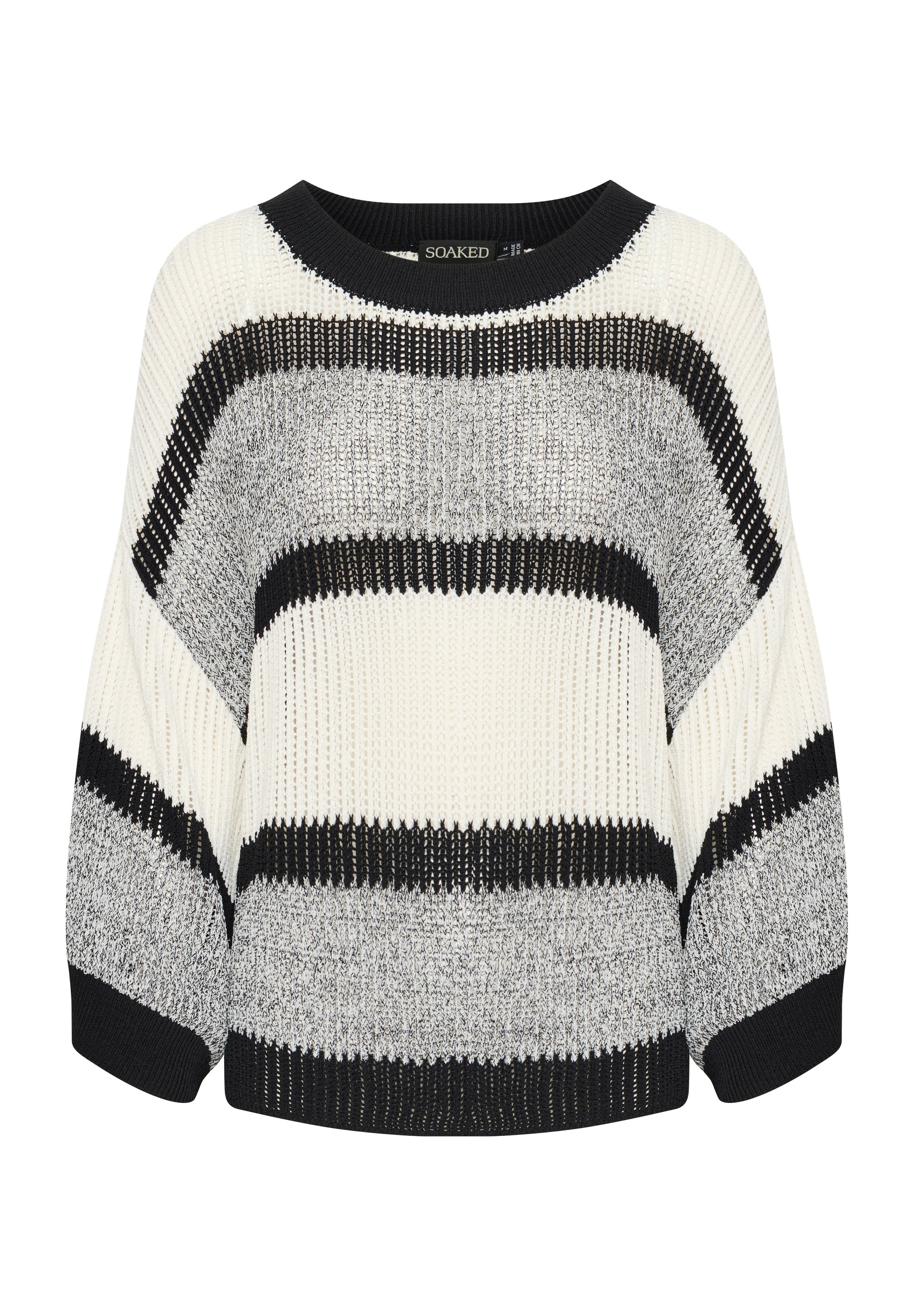 Chunky Strickpullover mit schwarz-weißen und grauen horizontalen Streifen, runder Ausschnitt und langen, lockeren Ärmeln.