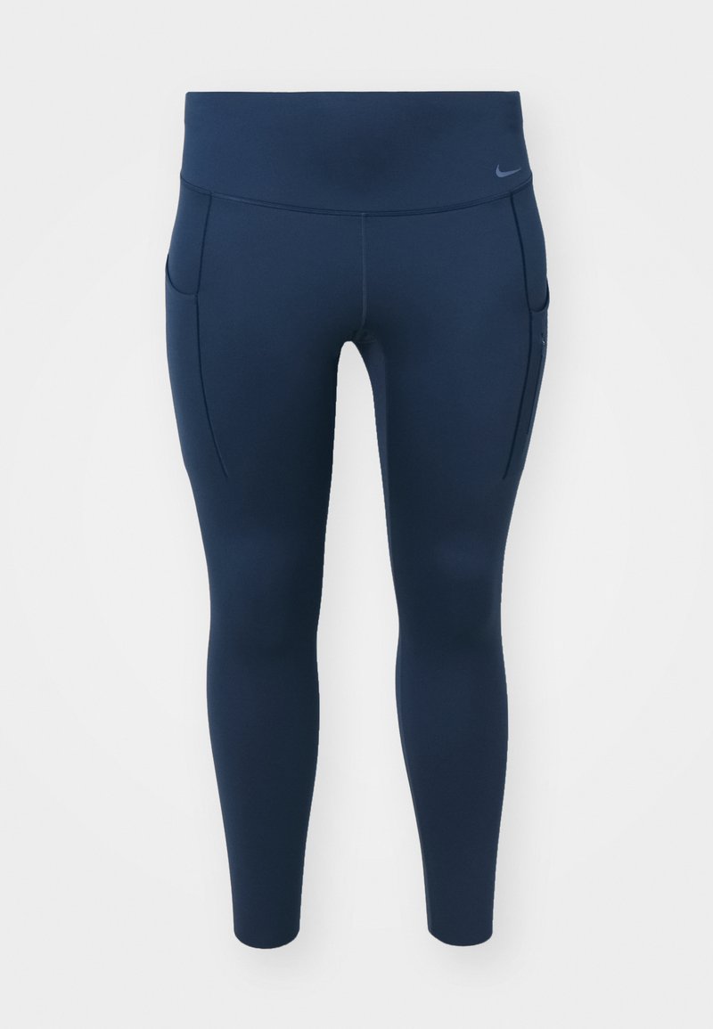 Dunkelblaue Leggings mit hohem Bund, aus dehnbarem Material. Verfügt über seitliche Taschen und dezentes Branding am Bund.