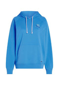 Blauer Kapuzenpullover aus Baumwolle mit einer Fronttasche, verstellbarer Kapuze und Logodetail. Gerippte Bündchen an Ärmeln und Saum runden das Design ab.