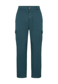 Teal Cargo-Hosen aus leichtem Material, mit Seitentaschen, Knopfverschluss und geradem Bein-Design.