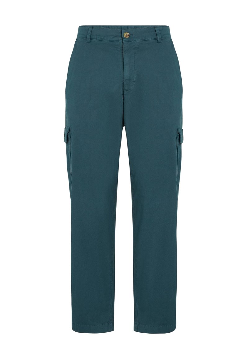 Teal Cargo-Hosen aus leichtem Material, mit Seitentaschen, Knopfverschluss und geradem Bein-Design.