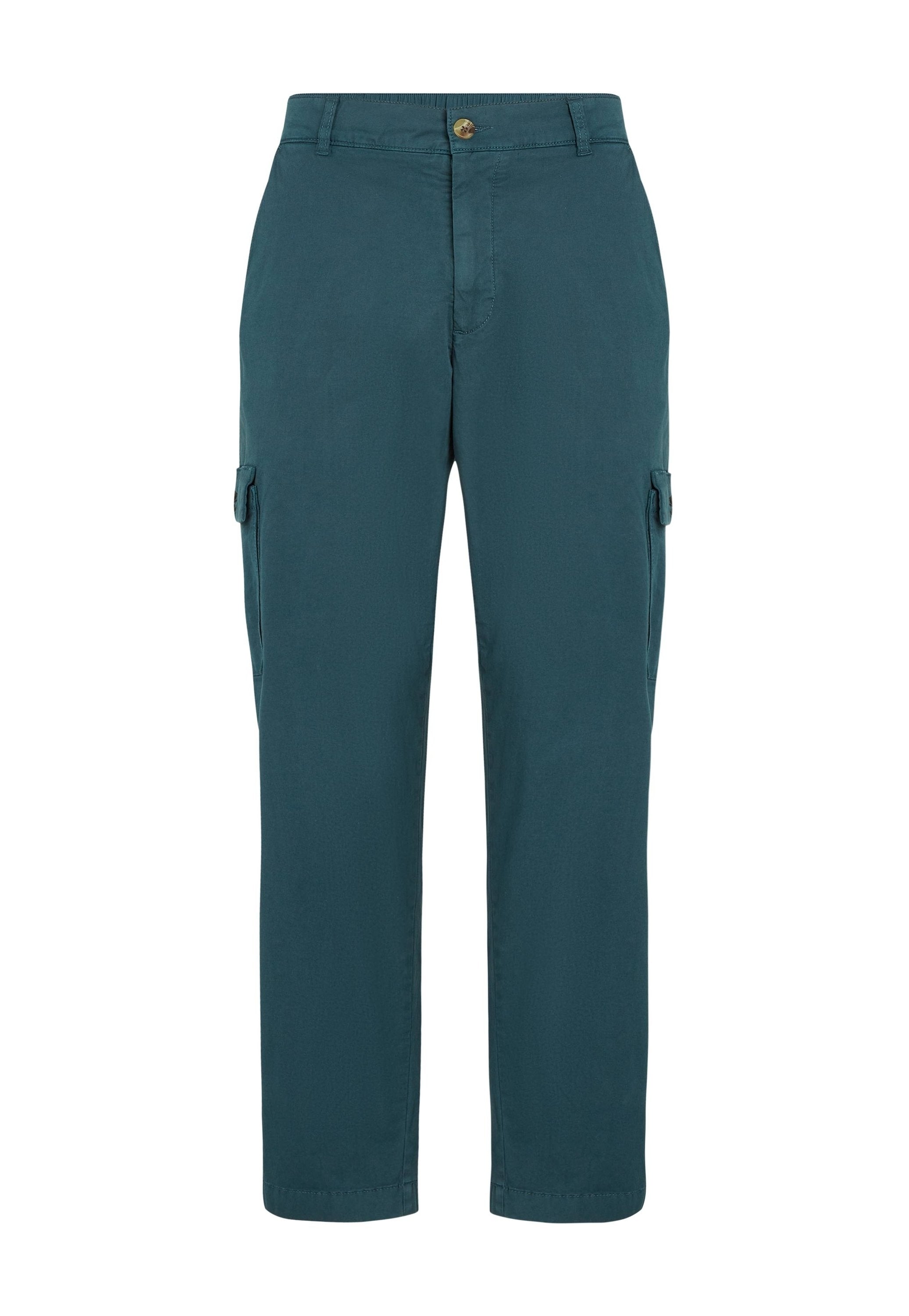 Teal Cargo-Hosen aus leichtem Material, mit Seitentaschen, Knopfverschluss und geradem Bein-Design.