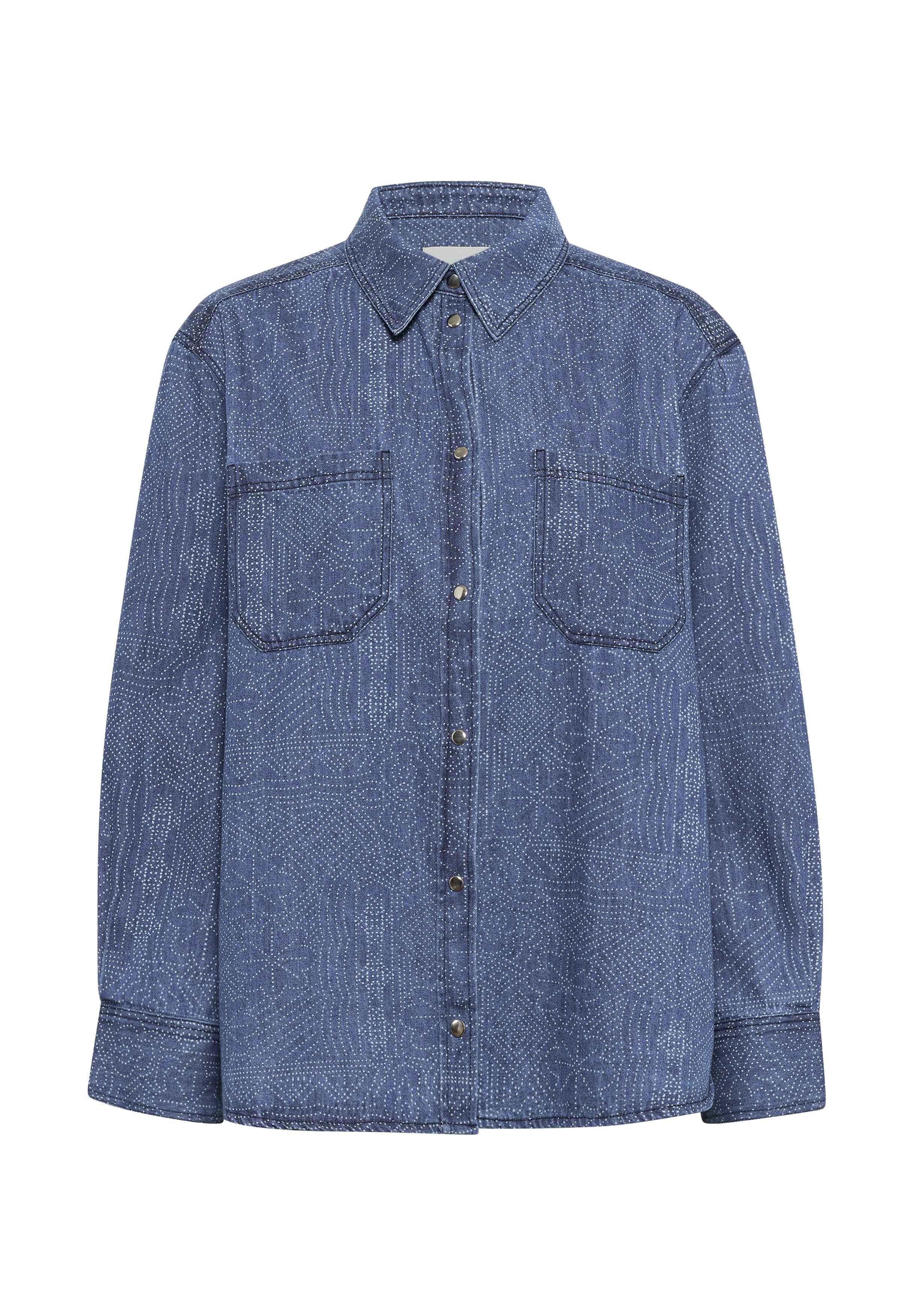 Dunkelblaue Jeanshemd mit kontrastierenden weißen Stickmustern. Verfügt über zwei Brusttaschen und eine Knopfleiste. Lange Ärmel mit Knopfmanschetten.