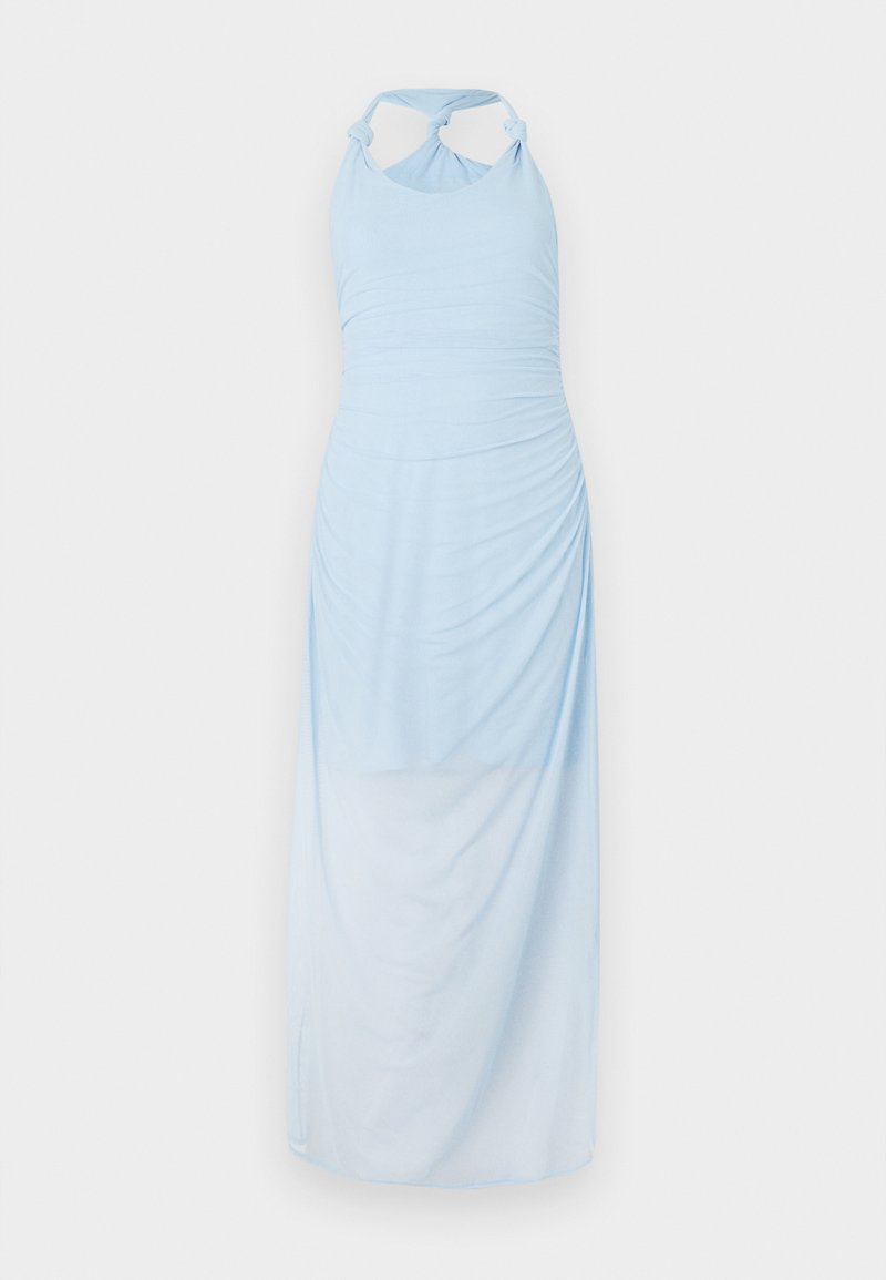 Hellblaues Halfterkleid mit gerafftem Textur, ausgestattet mit geknoteten Schulterträgern und einer langen, fließenden Silhouette.