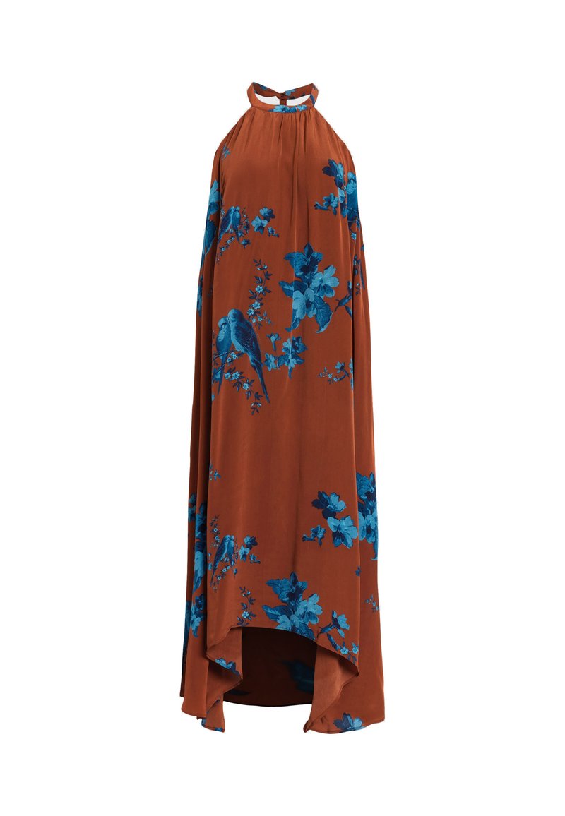 Langes Halterkleid aus leichtem Stoff in verbranntem Orange, mit blauem Blumen- und Vogelmuster, ausgestattet mit einem High-Low-Saum.