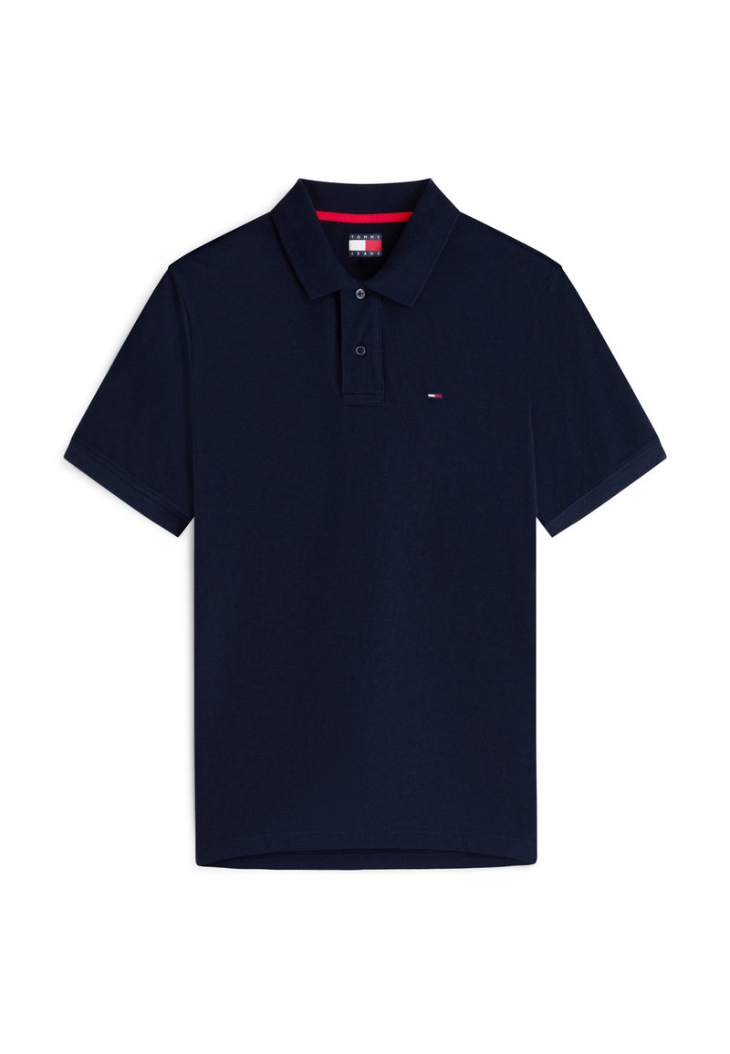 Marineblaues kurzärmeliges Poloshirt mit zwei Knöpfen, einem Kragen und einem kleinen rot-weiß-blauen Logo auf der Brust.