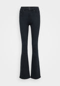 Schwarze, weit ausgestellte Jeans aus Denim mit hoher Taille, ausgestattet mit fünf Taschen und minimalen Nähten. Glatte Textur und taillierte Passform.