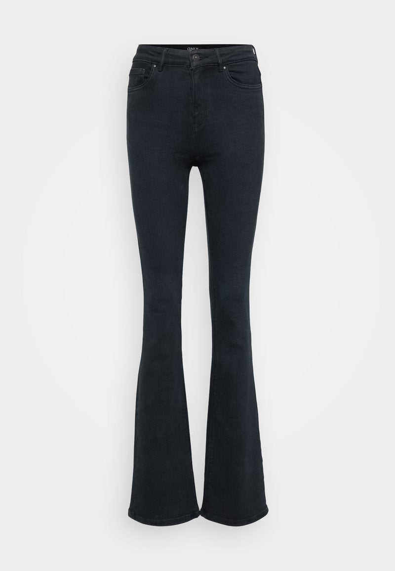 Schwarze, weit ausgestellte Jeans aus Denim mit hoher Taille, ausgestattet mit fünf Taschen und minimalen Nähten. Glatte Textur und taillierte Passform.