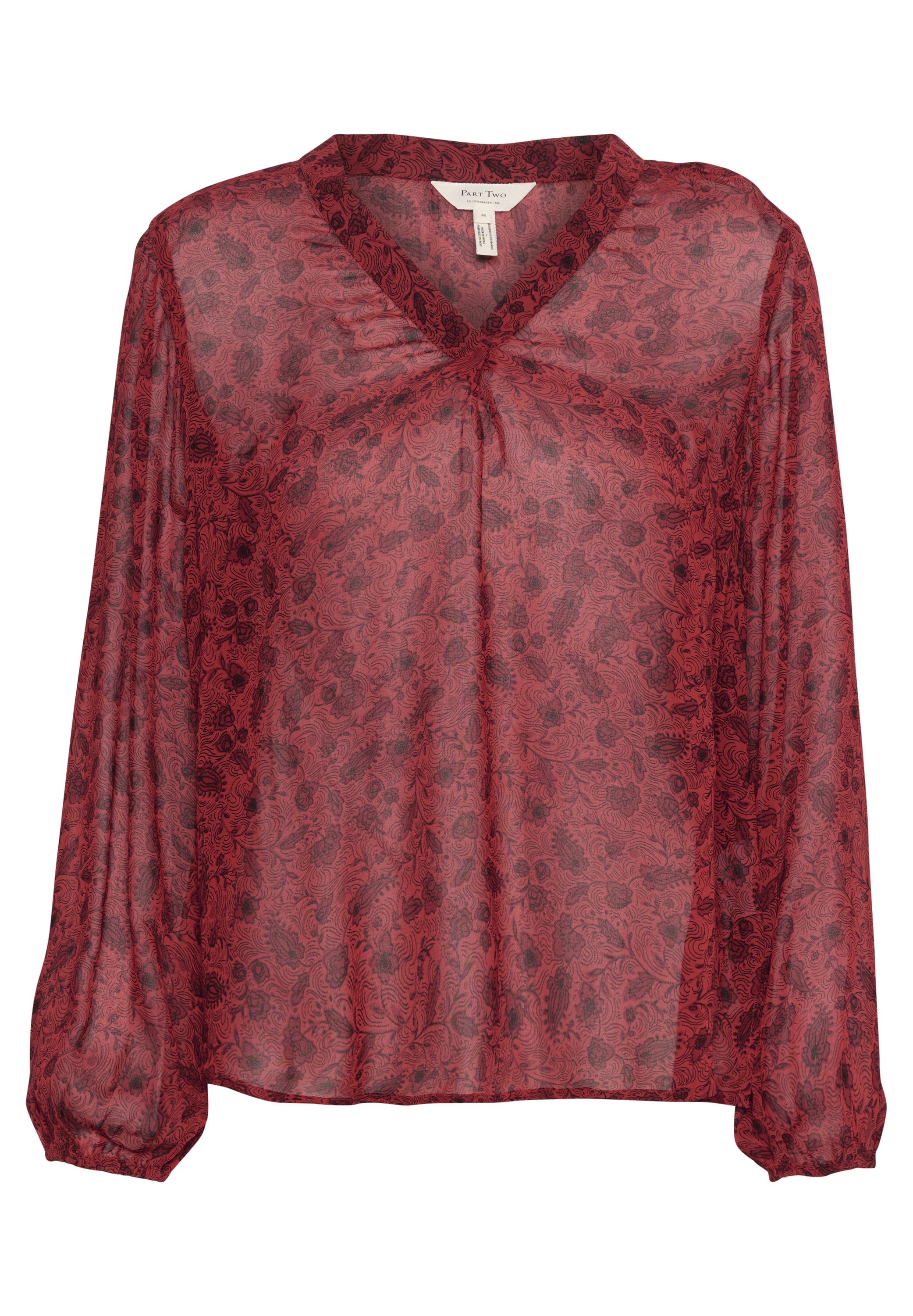 Durchsichtige rote Bluse mit floralem Muster, V-Ausschnitt und langen Puffärmeln. Verfügt über eine geraffte Frontpartie und elastische Bündchen.