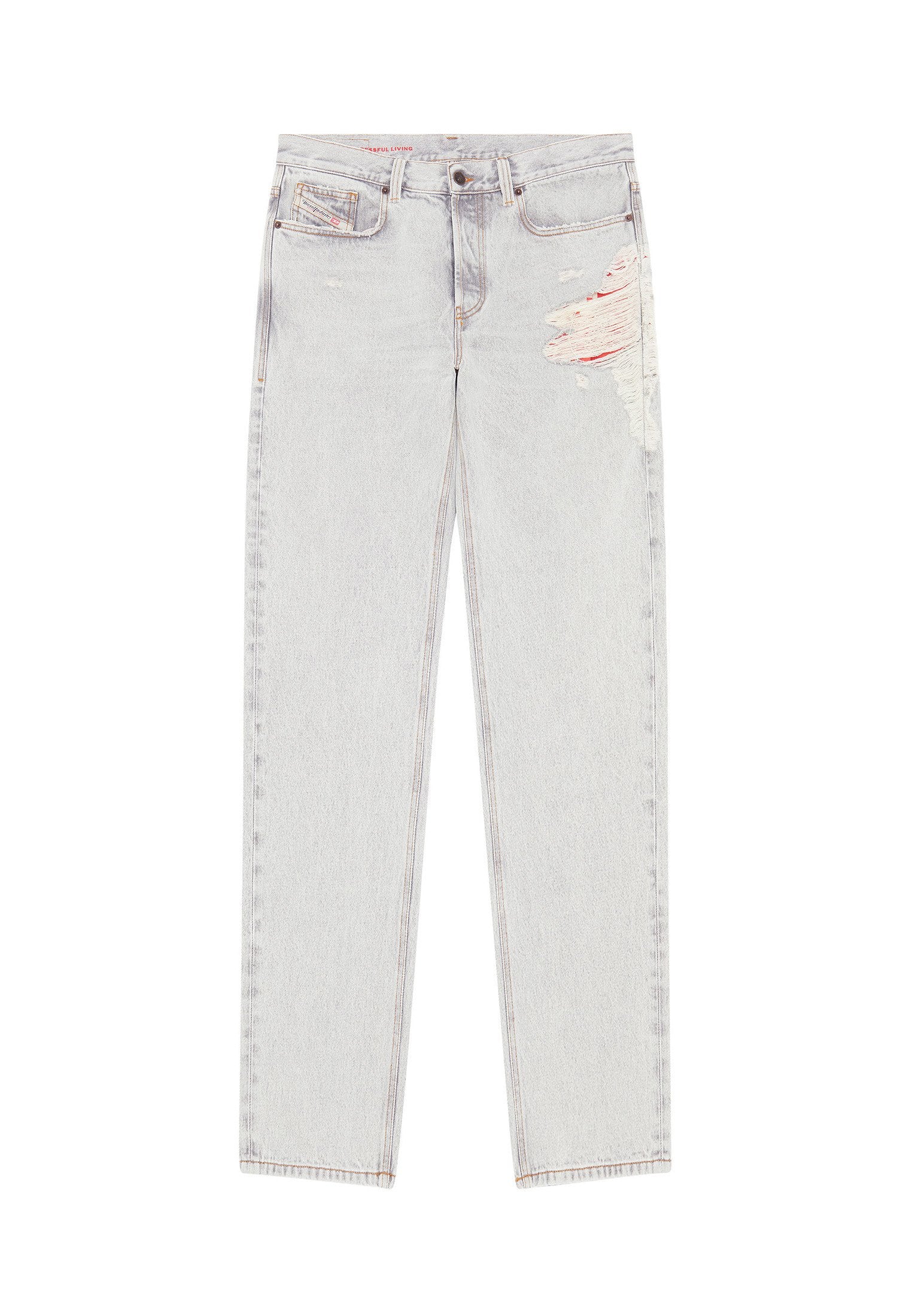 Helle, gewaschene Straight-Leg-Jeans mit distressed und ausgefransten Details am oberen rechten Oberschenkel und klassischem Fünf-Taschen-Design.