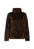Brauner, hochgeschlossener Pullover aus weichem, flauschigem Stoff. Lange Ärmel und lockerer Schnitt. Glatte Textur ohne sichtbare Hardware oder Muster.