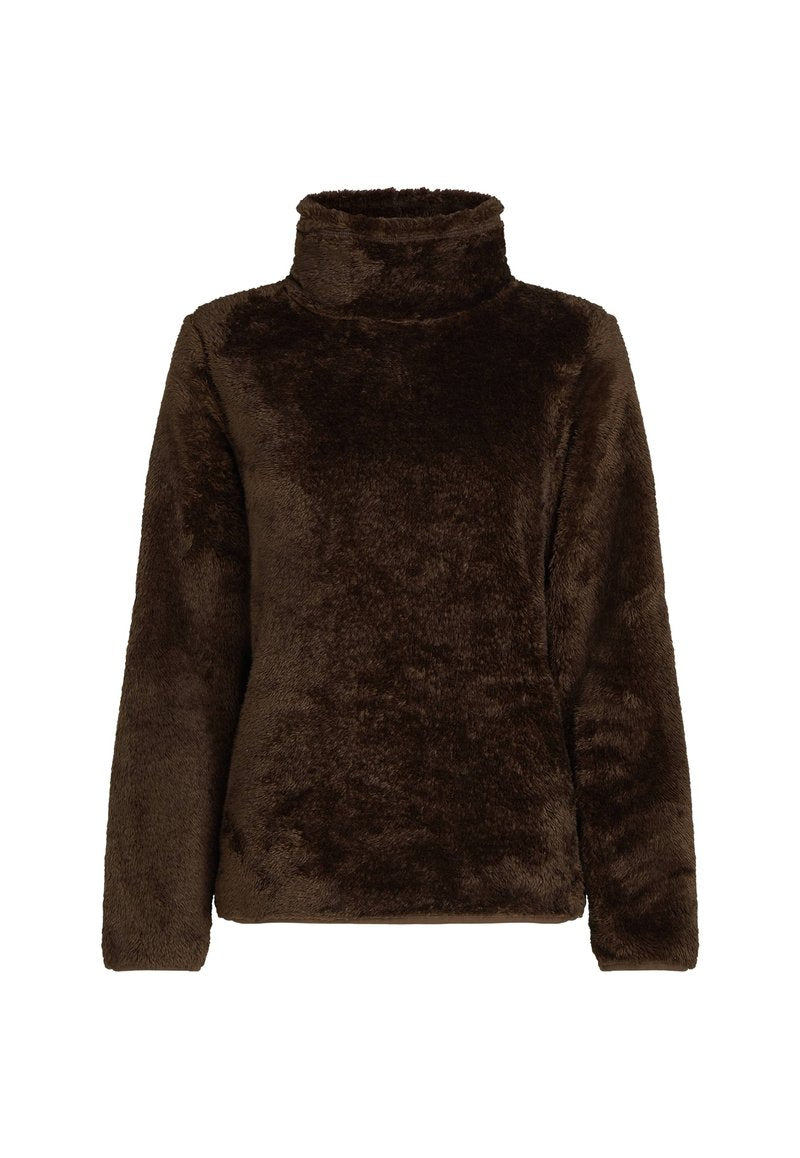 Brauner, hochgeschlossener Pullover aus weichem, flauschigem Stoff. Lange Ärmel und lockerer Schnitt. Glatte Textur ohne sichtbare Hardware oder Muster.