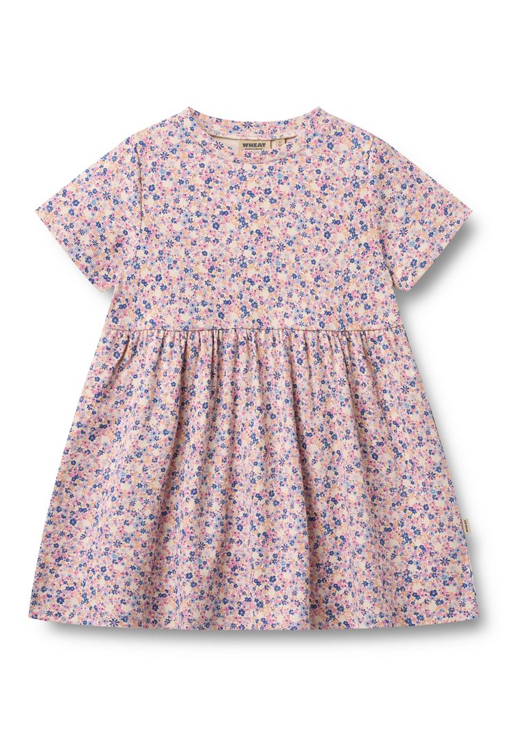 Pinkes Kleid mit kurzen Ärmeln, versehen mit einem Blumenmuster in Blau und Lila. Ein geraffter Rock mit einfachem Rundhalsausschnitt.