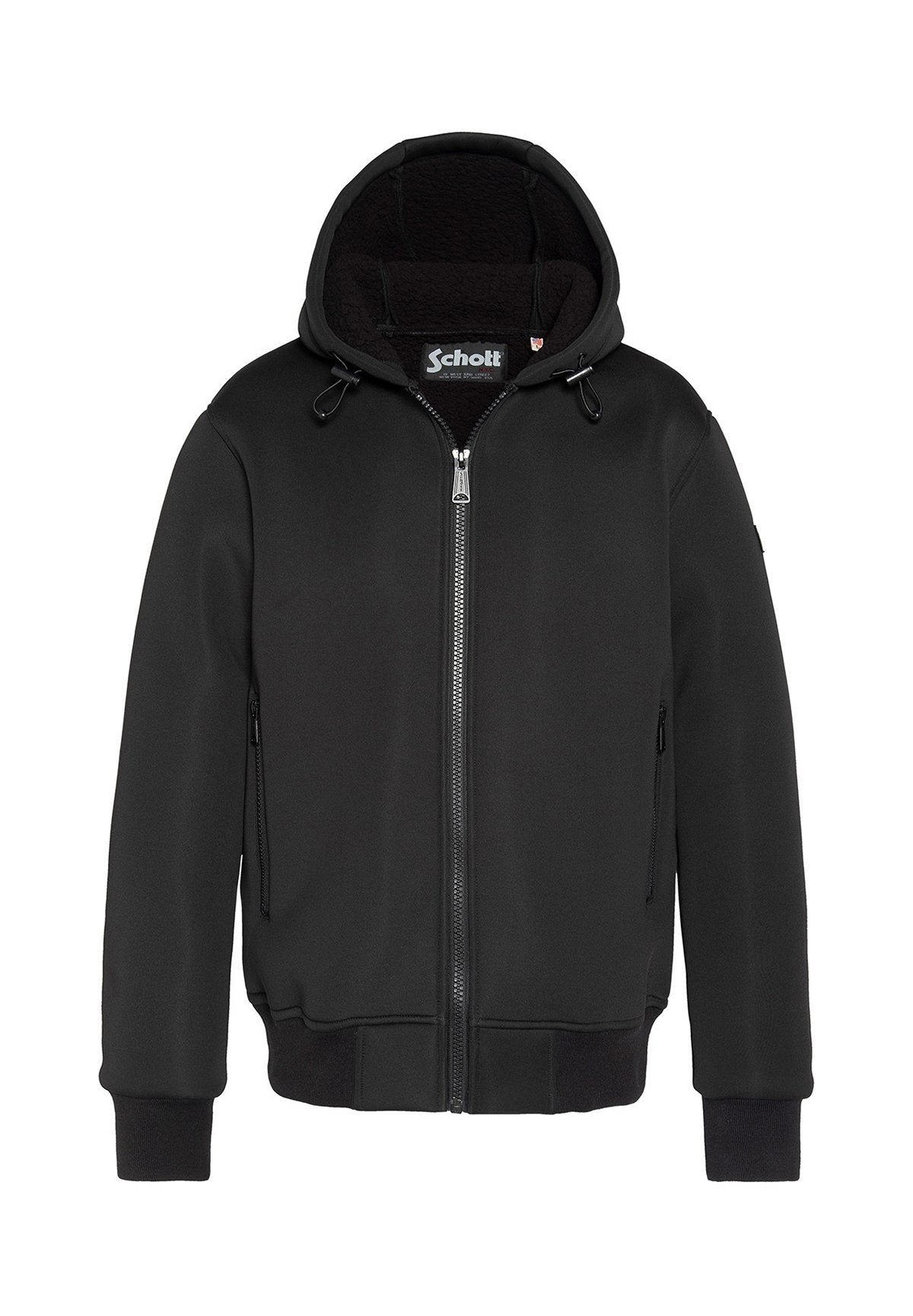 Schwarze Kapuzenjacke aus glattem Stoff, mit Reißverschluss, seitlichen Taschen sowie gerippten Bündchen und Saum. Innen mit Fleece gefüttert.