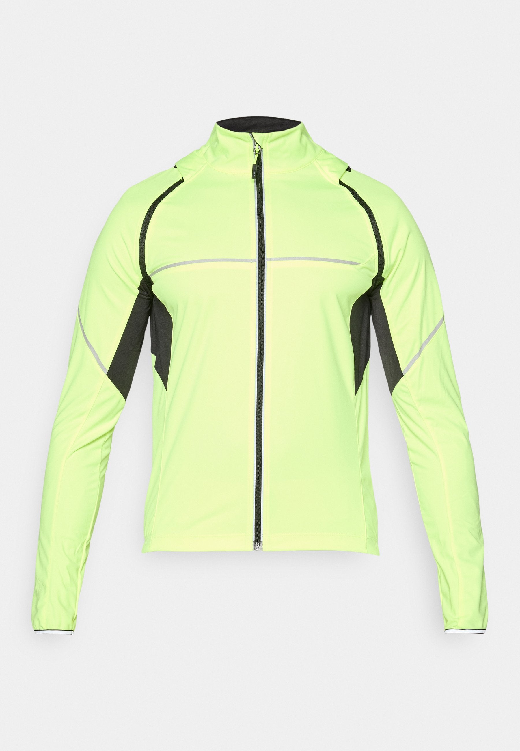 Neon-grüner, leichter Jacke mit Reißverschluss, schwarzen Akzenten, reflektierenden Streifen und passgenauer Passform für Sportbekleidung.