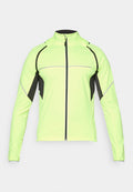 Neon-grüner, leichter Jacke mit Reißverschluss, schwarzen Akzenten, reflektierenden Streifen und passgenauer Passform für Sportbekleidung.