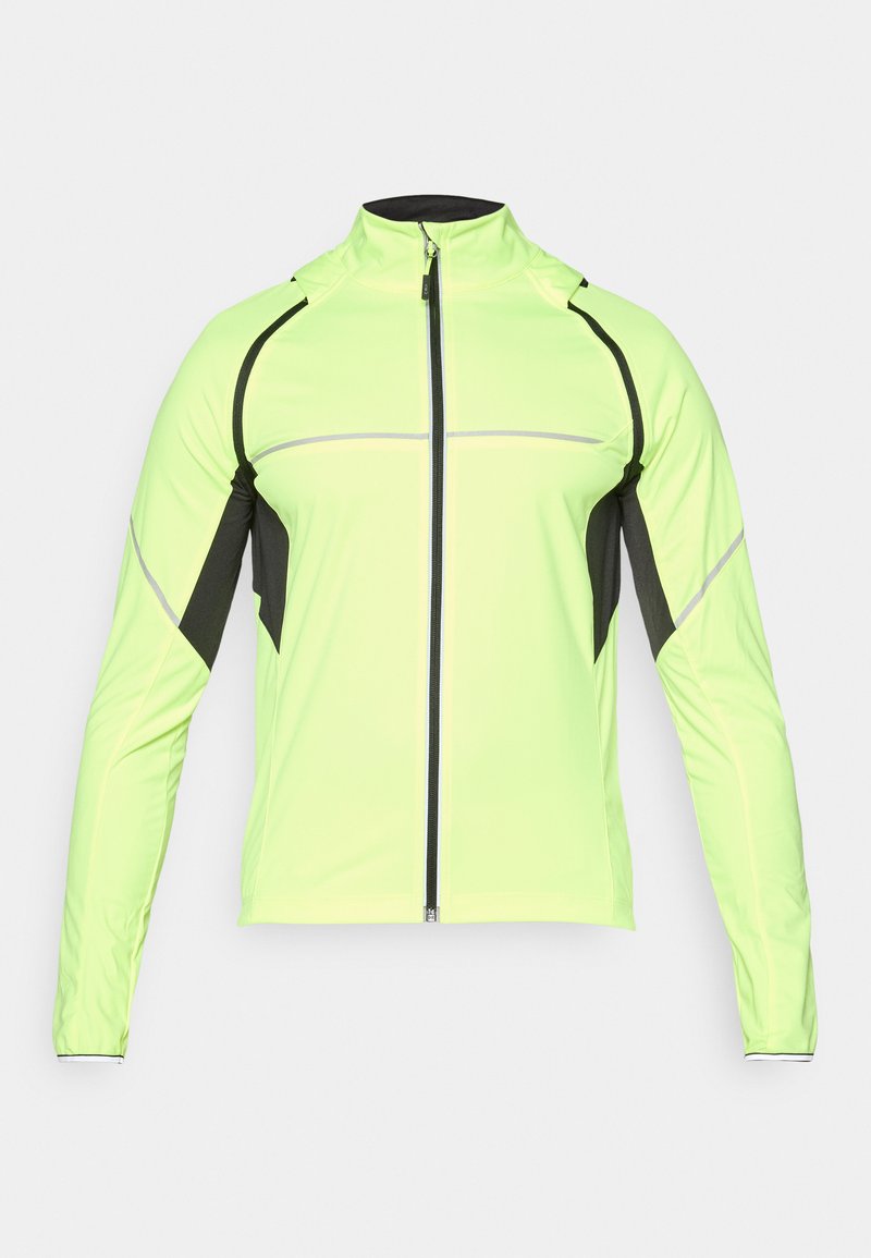 Neon-grüner, leichter Jacke mit Reißverschluss, schwarzen Akzenten, reflektierenden Streifen und passgenauer Passform für Sportbekleidung.