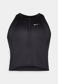 Schwarzes sportliches Crop-Top mit Reißverschluss vorne, Netz-Akzenten und figurnaher Passform. Hergestellt aus dehnbarem, atmungsaktivem Material. Nike-Logo auf der Vorderseite.