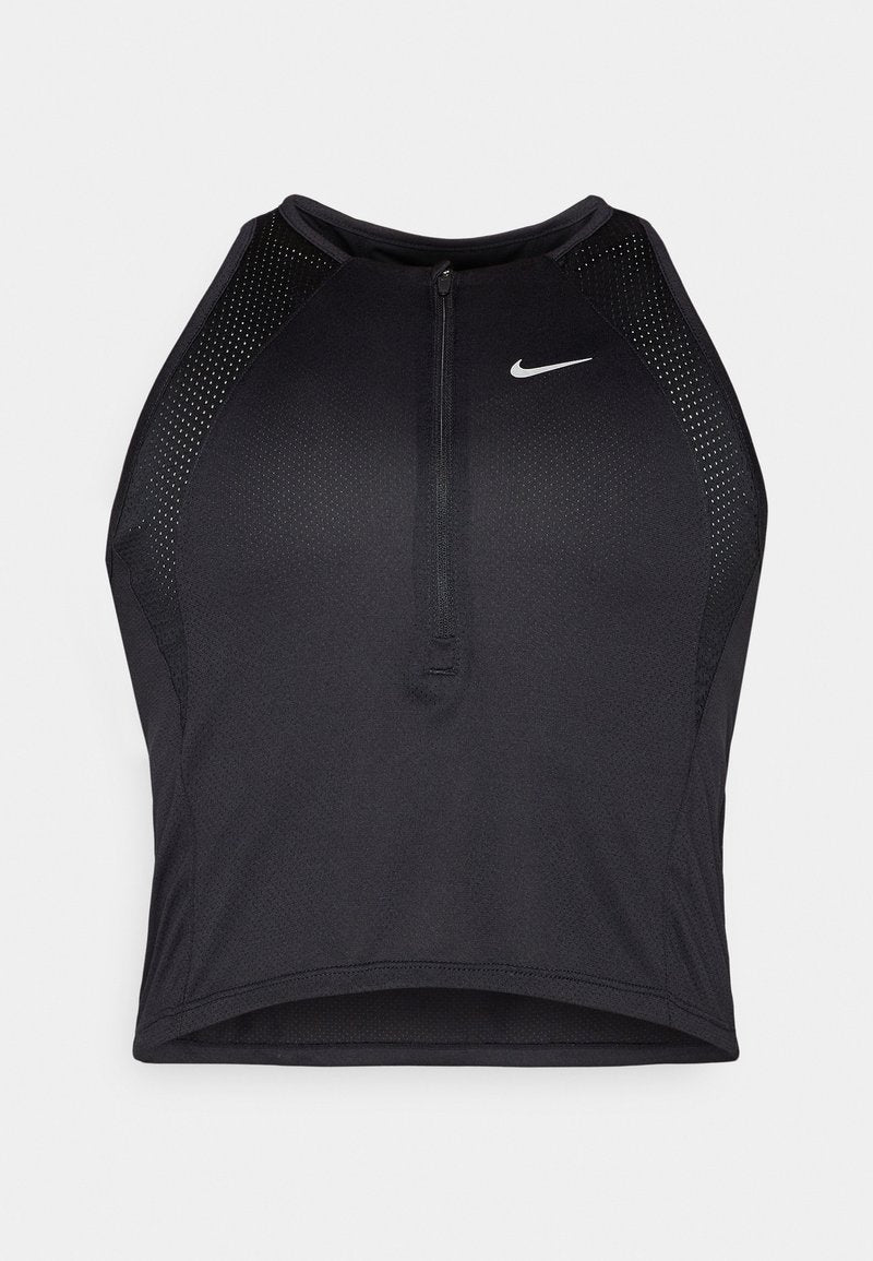 Schwarzes sportliches Crop-Top mit Reißverschluss vorne, Netz-Akzenten und figurnaher Passform. Hergestellt aus dehnbarem, atmungsaktivem Material. Nike-Logo auf der Vorderseite.