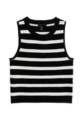 Schwarz-weiße, gestreifte ärmellose Bluse mit gerippter Textur, rundem Ausschnitt und taillierter Form. Die horizontalen Streifen variieren in der Breite.