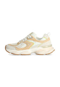 Beige und weiße Sneaker aus Mesh- und Wildledermaterialien, mit gelben Akzenten, einer gepolsterten Sohle und einer strukturierten Gummisohle.